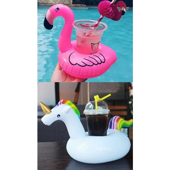 Deniz Yatağı Şişme Bardak Tutucu Flamingo Unicorn Set