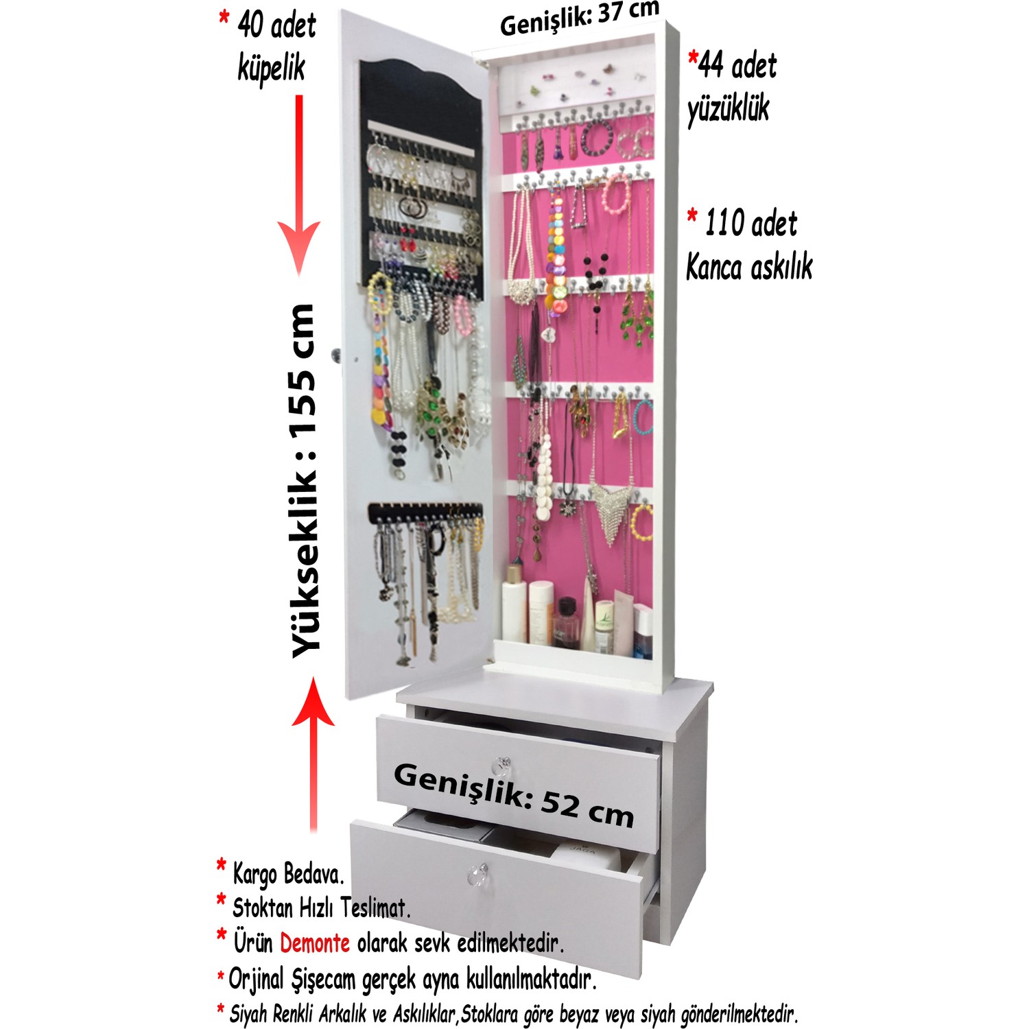First Mobilya İnci Çekmeceli Aynalı Takı Dolabı Beyaz