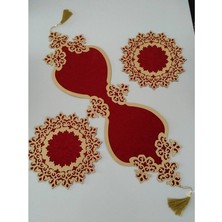 Divahome Kadife Kırmızı Deri Gold Üçlü Set