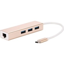 Onten 2 İn 1 Type C 3.1 Giriş 3 Port Usb 3.0 Çoklayıcı Macbook Uyumlu Metal Hub Ve 100 Mbps Rj45 Lan Çevirici Dönüştürücü Adaptör Gold