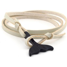 Solfera Siyah Metal Balina Balık Kuyruk Krem Deri Erkek Bileklik Bt578