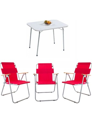 Bofigo 60X80 Katlanır Masa + 3 Adet Katlanır Sandalye Kamp Seti Bahçe Balkon Takımı Kırmızı