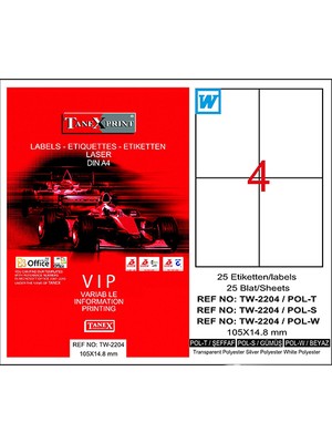 Tanex TW-2204 105x148,5 mm Şeffaf Laser Etiket 25 Ad.