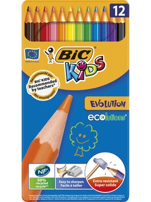 Bic Kids Evolution Kuru Boya 12'Li Metal Kutu Çocuklar İçin Ultra Dayanıklı Renkli Kalemler