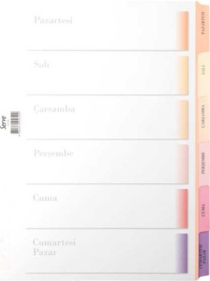 Serve Pastel Seri Karton Ayraç/Günler,Kulakçıklara Yazı Yazılabilir Ve Silinebilir,Mylar İle Güçlendirilmiş Delikler Ve Kulakçıklar Kağıt Kalınlığı 180Gr/M² Sv-5106