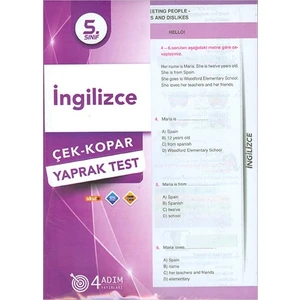 4 Adım Yayınları 4 Adım 5. Sınıf İngilizce Çek Kopar Yaprak Test