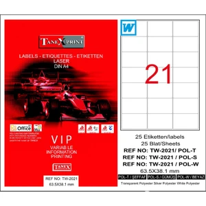 TW-2021 63,5x38,1 mm Şeffaf Laser Etiket 25 Ad.