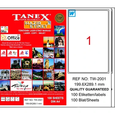 Tanex TW-2001 199,6x289,1 mm Laser Etiket 100 Ad. Fiyatı