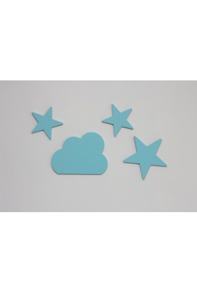 Ceebebek Ahşap Bebek Çocuk Odası Duvar Dekorasyon Montessori Mavi Yıldız Bulut 4'lü Set