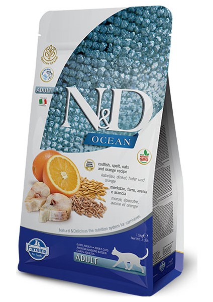 Ocean 1;5 kg Düşük Tahıllı Morina Balıklı Portakallı Yetişkin Kedi Maması