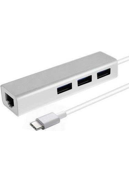 2 İn 1 Type C 3.1 Giriş 3 Port Usb 3.0 Çoklayıcı Macbook Uyumlu Metal Hub Ve 100 Mbps Rj45 Lan Çevirici Dönüştürücü Adaptör Gümüş