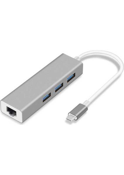 2 İn 1 Type C 3.1 Giriş 3 Port Usb 3.0 Çoklayıcı Macbook Uyumlu Metal Hub Ve 100 Mbps Rj45 Lan Çevirici Dönüştürücü Adaptör Gümüş