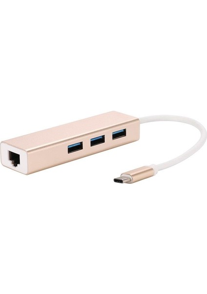 2 İn 1 Type C 3.1 Giriş 3 Port Usb 3.0 Çoklayıcı Macbook Uyumlu Metal Hub Ve 100 Mbps Rj45 Lan Çevirici Dönüştürücü Adaptör Gold