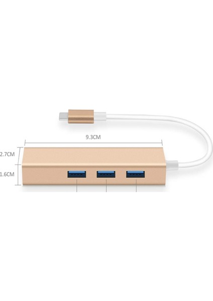 2 İn 1 Type C 3.1 Giriş 3 Port Usb 3.0 Çoklayıcı Macbook Uyumlu Metal Hub Ve 100 Mbps Rj45 Lan Çevirici Dönüştürücü Adaptör Gold