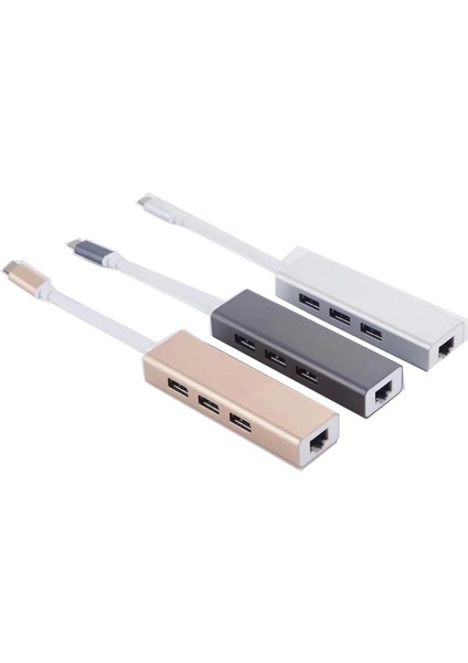 2 İn 1 Type C 3.1 Giriş 3 Port Usb 3.0 Çoklayıcı Macbook Uyumlu Metal Hub Ve 100 Mbps Rj45 Lan Çevirici Dönüştürücü Adaptör Gold