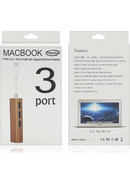 2 İn 1 Type C 3.1 Giriş 3 Port Usb 3.0 Çoklayıcı Macbook Uyumlu Metal Hub Ve 100 Mbps Rj45 Lan Çevirici Dönüştürücü Adaptör Gold