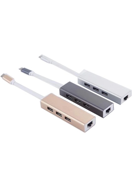 2 İn 1 Type C 3.1 Giriş 3 Port Usb 3.0 Çoklayıcı Macbook Uyumlu Metal Hub Ve 100 Mbps Rj45 Lan Çevirici Dönüştürücü Adaptör Gümüş