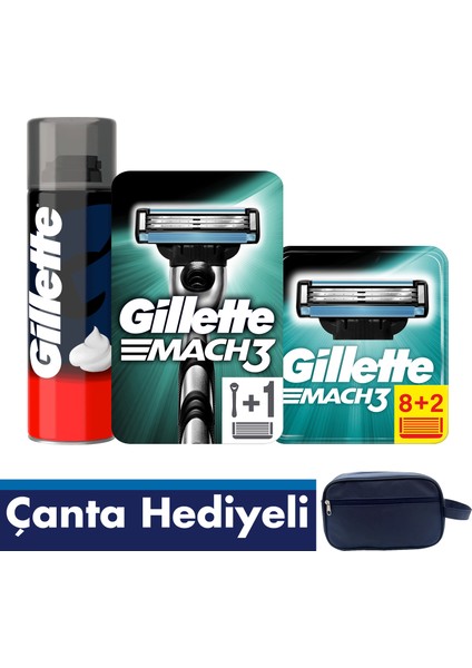 Mach 3 10’lu Bıçak + Makine + 250 ml Köpük + Gillette Çanta