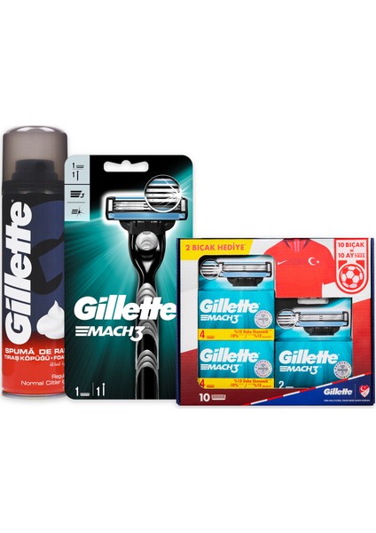 Mach 3 10’lu Bıçak + Makine + 250 ml Köpük + Gillette Çanta