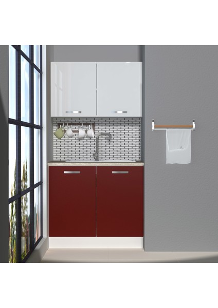 Mini 90 MDF Hazır Mutfak Dolabı - Tezgah Dahil - Bordo - Beyaz