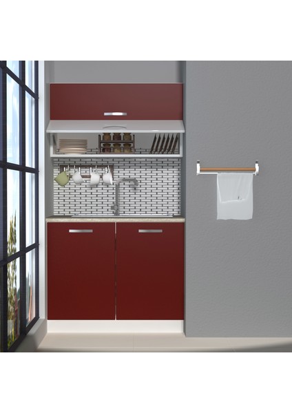 Mini 100Y MDF Hazır Mutfak Dolabı - Tezgah Dahil - Bordo