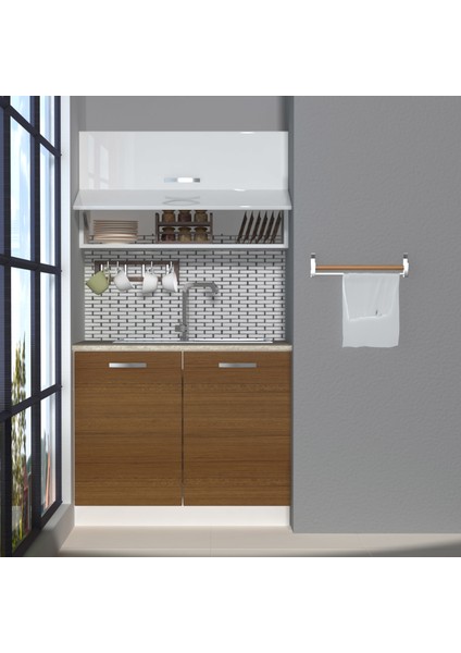 Mini 100Y MDF Hazır Mutfak Dolabı - Tezgah Dahil - Ceviz - Beyaz