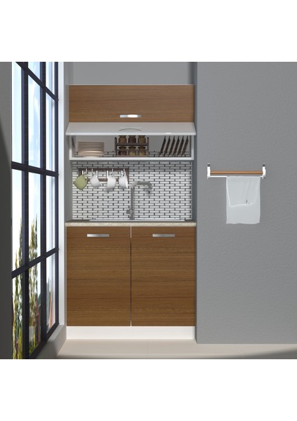 Mini 90Y MDF Hazır Mutfak Dolabı - Tezgah Dahil - Naturel Ceviz