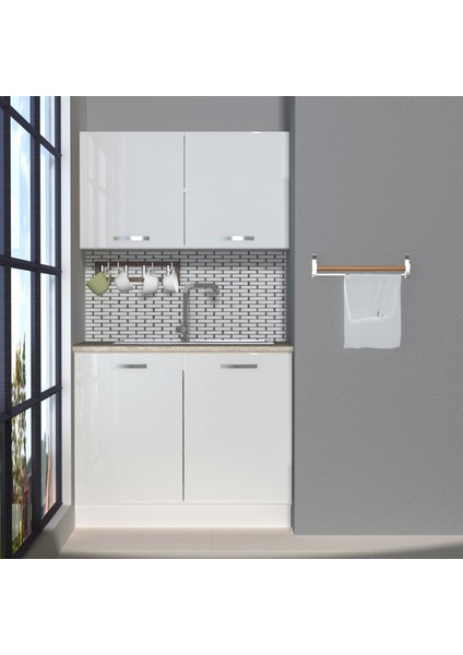 Mini 100 MDF Hazır Mutfak Dolabı - Tezgah Dahil - Parlak Beyaz