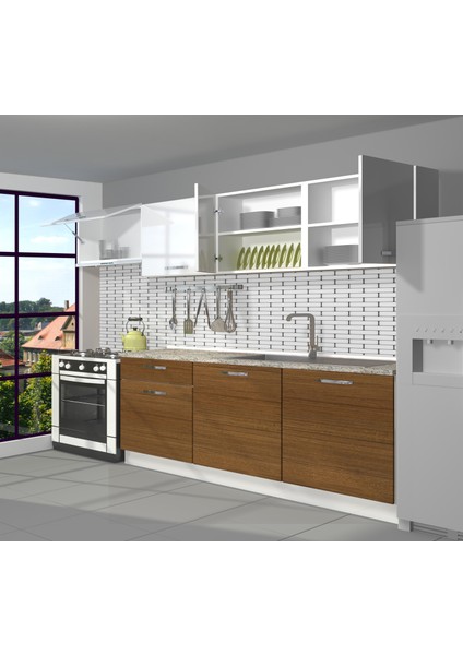 Smart 240 MDF Hazır Mutfak Dolabı - Tezgah Dahil - Ceviz - Beyaz