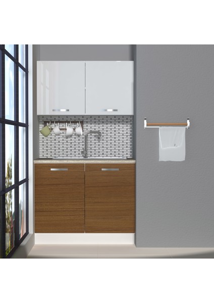 Mini 100 MDF Hazır Mutfak Dolabı - Tezgah Dahil - Ceviz - Beyaz