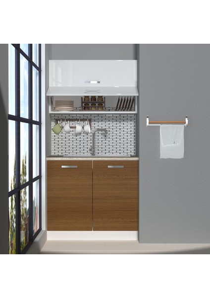 Mini 90Y MDF Hazır Mutfak Dolabı - Tezgah Dahil - Ceviz - Beyaz