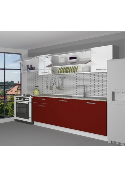 Ekol 240 MDF Hazır Mutfak Dolabı - Tezgah Dahil - Bordo - Beyaz
