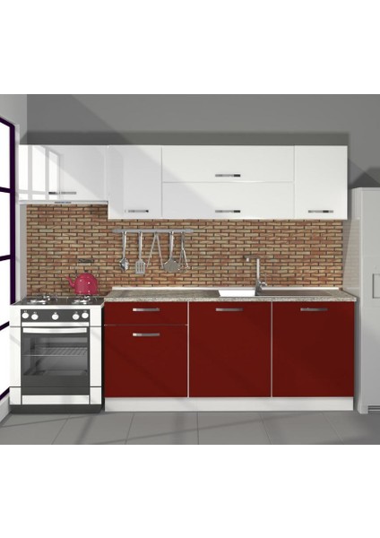 Ekol 240 MDF Hazır Mutfak Dolabı - Tezgah Dahil - Bordo - Beyaz