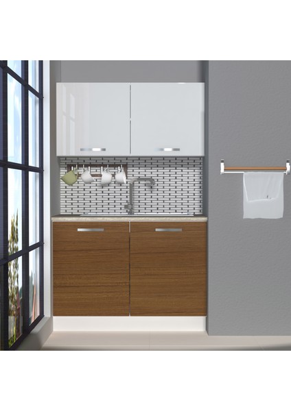 Mini 120 MDF Hazır Mutfak Dolabı - Tezgah Dahil - Ceviz - Beyaz