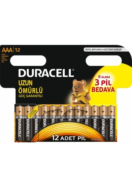 Duracell - Alkalin AAA İnce Kalem Pil (9+3) 12'li Paket 1 Koli (144 adet)