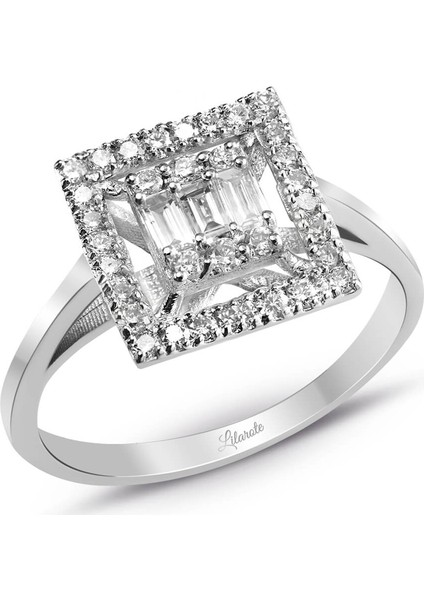 0.35 Ct .Baget Pırlanta Kare Tektaş Yüzük Modern Tasarım