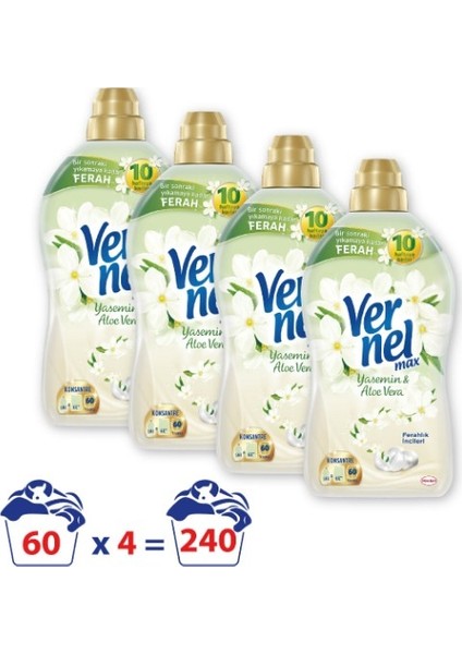 Max Konsantre Çamaşır Yumuşatıcısı Taze Yasemin & Aloe Vera 1440 ml 4'Lü Set