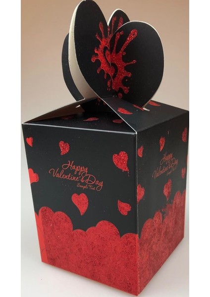 Karton Kutu Siyah Kalpli Happy Valentine'S Day (Katlamalı) 8,5Cm x 8,5Cm x 11Cm