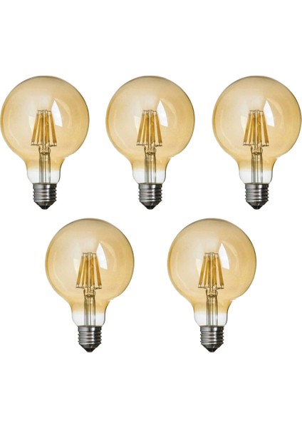 G95 Flamanlı Rustik 6W Led Ampul 5'li Dekoratif Vintage Aydınlatma Amber Rengi