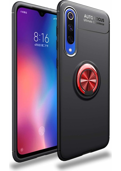 Xiaomi Mi 9 SE Kılıf Autofocus Shockprof Ravel Yüzüklü Standlı Slikon Kapak Siyah-Kırmızı