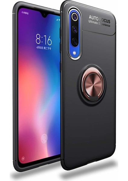 Xiaomi Mi 9 SE Kılıf Autofocus Shockprof Ravel Yüzüklü Standlı Slikon Kapak Siyah-Rose Gold