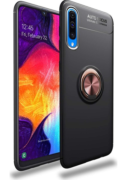Samsung Galaxy A70 Uyumlu Kılıf Autofocus Shockprof Ravel Yüzüklü Standlı Slikon Kapak Siyah-Rose Gold