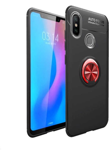 Xiaomi Redmi Note 7 Kılıf Autofocus Shockprof Ravel Yüzüklü Standlı Slikon Kapak Siyah Kırmızı