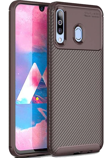 Case 4U Samsung Galaxy M30 Kılıf Karbon Desenli Sert Silikon Arka Kapak Negro Kahverengi