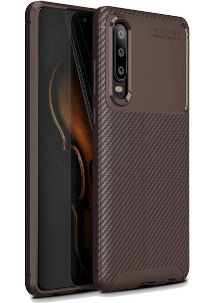 Case 4U Huawei P30 Kılıf Rugged Armor Karbon Desenli Lüx Negro Silikon Arka Kapak Kahverengi