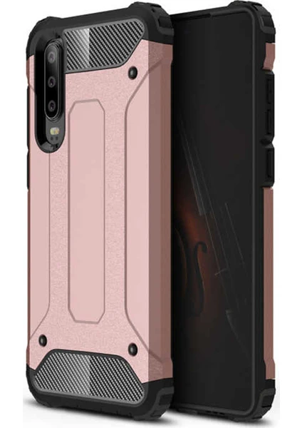 Case 4U Huawei P30 Kılıf Military Armor Çift Katmanlı Crash Silikon Kılıf Rose Gold