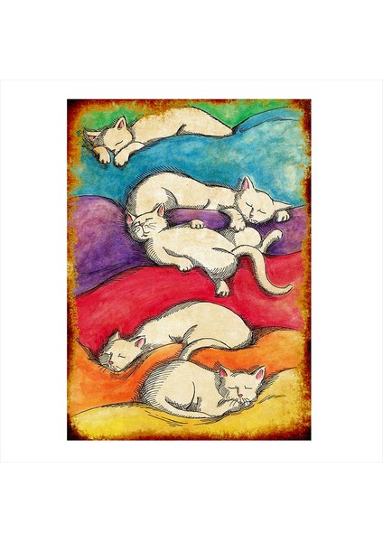 Ahşap Tablo Keyif İle Uyuyan Kediler