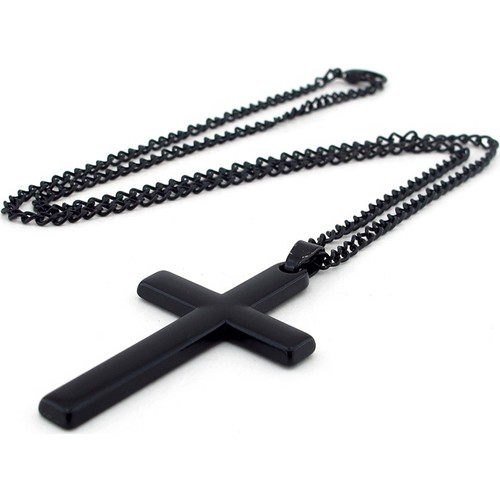 Solfera Siyah Renk Çelik Haç İsa Çarmıh Erkek Kolye Zincir