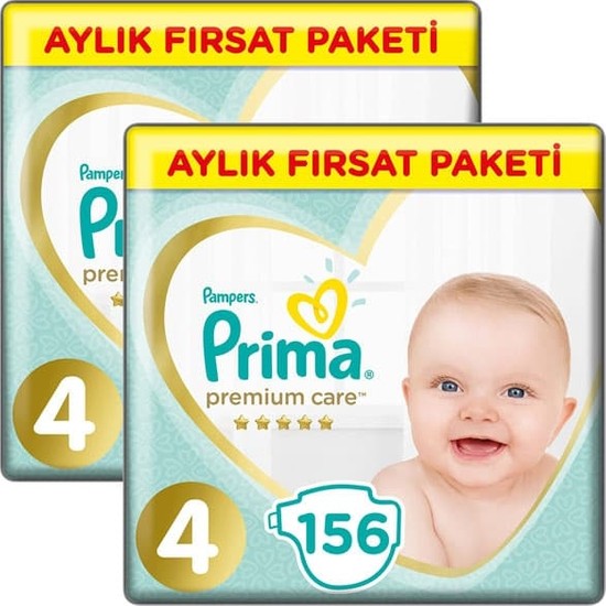 Prima Bebek Bezi Premium Care Aylık Paket Maxi 4 Beden 156 Li X 2 Adet
