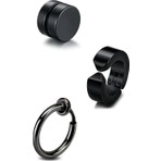Unisex Siyah 3 Adet Deliksiz Sıkıştırmalı Mıknatıslı Çelik Küpe Set